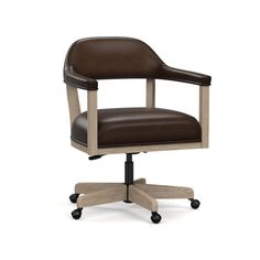 a brown office chair sitting on top of a wooden desk