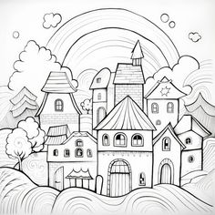 a black and white drawing of a castle with rainbows in the sky above it