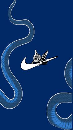 a blue and white snake with a nike logo on it's tail, flying through the air