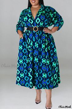 Olivia Mark - Gray Print Patchwork Belted Shirt Dress with Turn-Down Collar for Plus Size Women Shirt Dress Plus Size, Shirt Dress With Belt, Collar Shirt Dress, Patterned Midi Dress, Trendy Plus Size Fashion, Collared Shirt Dress, Dress Sleeve Styles, Belted Shirt Dress, Printed Shirt Dress