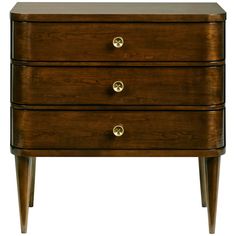 a wooden dresser with three drawers on one side and two brass knobs on the other