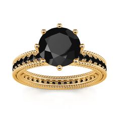 a black diamond and gold ring set on a white background, with the center stone surrounded by two rows of black diamonds