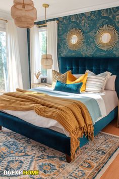 Luxurious Boho bedroom with teal accents, gold decor, and plush textiles. Teal Headboard Bedroom, Teal And Gold Bedroom, Teal Accent Wall, Teal Headboard, Boho Bedrooms, Headboard Bedroom, Girl Apartment Decor, Gold Bedroom Decor, Boho Bedroom Design