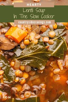 hearty lentil soup in the slow cooker with spinach leaves and cheese