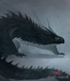 a large black dragon standing in the snow