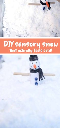 snowmen made out of fake snow and the words diy sensory snow that actually feels cold