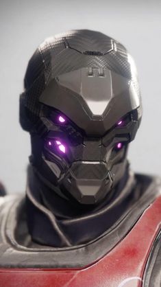 a close up of a robot with purple eyes