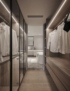 a walk - in closet with clothes hanging on the wall, and a toilet behind it