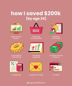 how i saved $ 200k by age 24 infographical illustration on pink background