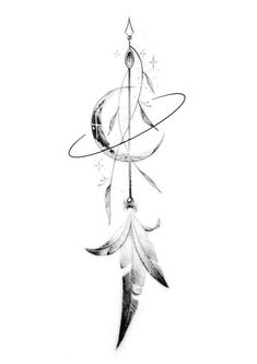 a black and white drawing of a feather with an arrow on it's side