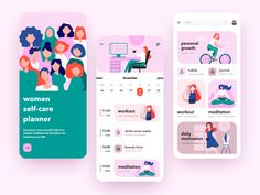 three mobile screens showing women's self - care plans