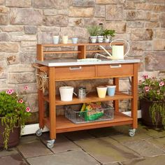 a potted plant sitting on top of a wooden shelf next to a brick wall