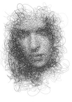 an abstract drawing of a man's face with black and white lines on it