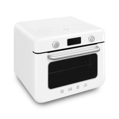 a white oven with the door open on a white background, it is isolated from the side