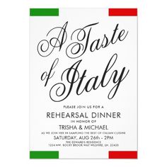 a white and green wedding brunch card with the words taste of italy on it