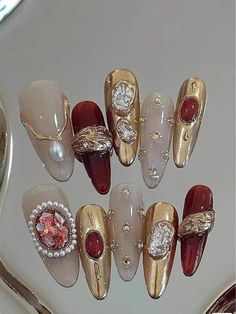 Baroque Nail Art, Gemstone Nail Art, Baroque Nails, Gemstone Nails, Ongles Design, Soft Woman, Jewelry Nails, Almond Shape Nails, Nail Ring