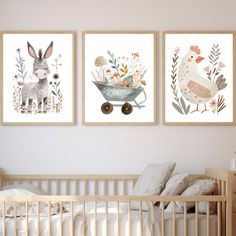 three framed pictures of animals in a baby's room