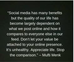 a black and white photo with the words social media has many benefits but the quality of our life has become largely independent