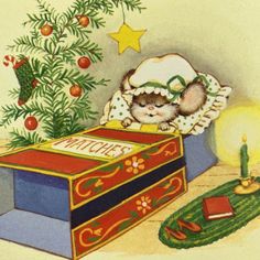 a christmas card with a cat sleeping on top of a box next to a tree