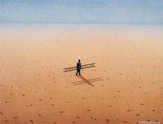 a man standing on top of a beach next to a long wooden bench under a blue sky