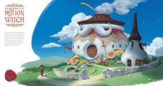 an image of a cartoon house in the middle of a field with clouds above it