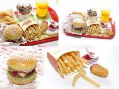 four different views of fast food including fries and burgers