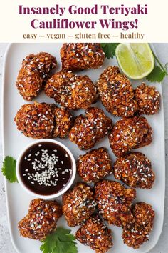 Cauliflower wings on a plate with lime and cilantro. Vegan Teriyaki, Easy Cauliflower