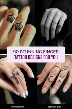 the different finger tattoos for women are shown in four pictures, including one with a crown and