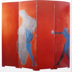 an image of a room divider that is painted with blue and red images on it