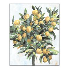 a painting of lemons on a tree with green leaves