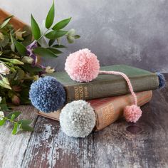 two books with pom - poms on top of them sitting next to flowers