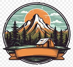 an emblem with mountains and trees in the background