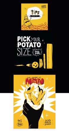 three different types of posters with the words pick your potato size and other things on them