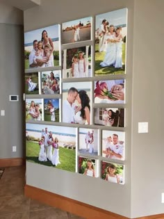 a wall with many pictures on it in the middle of a room next to a door