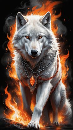 a white wolf with orange eyes and chains on it's neck, sitting in front of