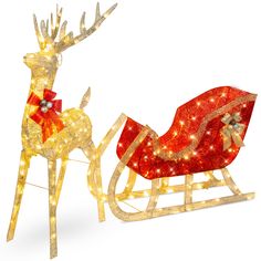 two lighted reindeer sleighs with lights on them