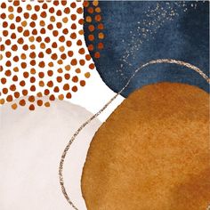 an abstract painting with circles and dots in blue, white, orange and gold colors