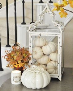 white pumpkins in a lantern on a table