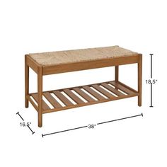 a wooden bench with a shelf underneath it and measurements for the bottom portion of the bench