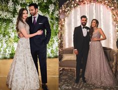 the couple is posing for pictures in their wedding outfits