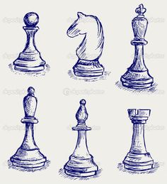 chess pieces drawn in blue ink on white paper with black and white lines, set of four