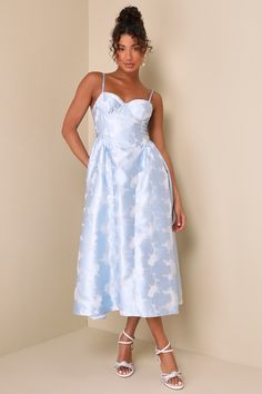 Gorgeous Destiny Light Blue Burnout Jacquard Bustier Midi Dress Blue Bridal Dress, Light Blue Midi Dress, Light Blue Floral Dress, Blue Wedding Guest Dresses, Party Dress Codes, Bustier Midi Dress, Anniversary Dress, Casual Wedding Guest Dresses, Midi Dress Floral