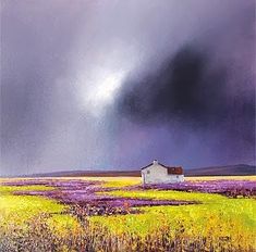 a painting of a house in the middle of a field with storm clouds above it