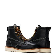 Style: 814-6201 **Please allow 2 weeks or longer for shipment.** Thorogood® American Heritage 6″ black moc toe work boots always put substance over style – but the black full-grain leather looks great too. Strong and durable, just like the person who wears them, these boots are up to the task and built to last. The six-inch shaft and fiberglass shank give you the support and flexibility you need when you’re on your feet all day, and the MAXWear Wedge™ slip-resistant outsole will help you stay on Moc Toe Boots, Leather Looks, Black Oil, Toe Boots, American Heritage, Clothing Co, On The Ground, American Made, Work Boots