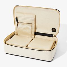 an open suitcase with two compartments on the inside and one in the outside, sitting on a white surface