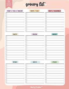 the free printable grocery list is shown in pink and green with an abstract background