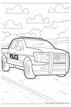 a police car driving down the road with clouds in the sky behind it coloring page