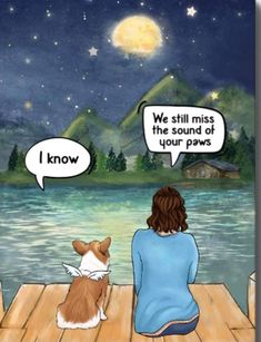 a woman sitting on a dock with her dog looking at the stars in the sky