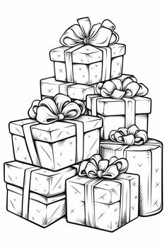 a stack of presents with bows and ribbons on top of each other, in black and white