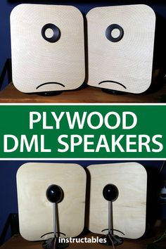 there are two speakers that look like they have faces on them and the words plywood dml speakers